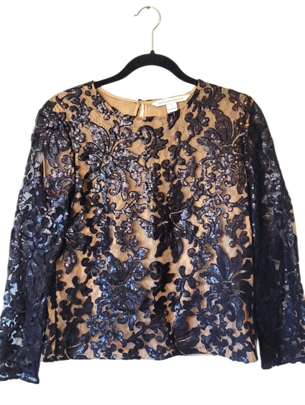 Diane Von Furstenberg Black Sequin Lace Blouse with Nude Underlay Size 8